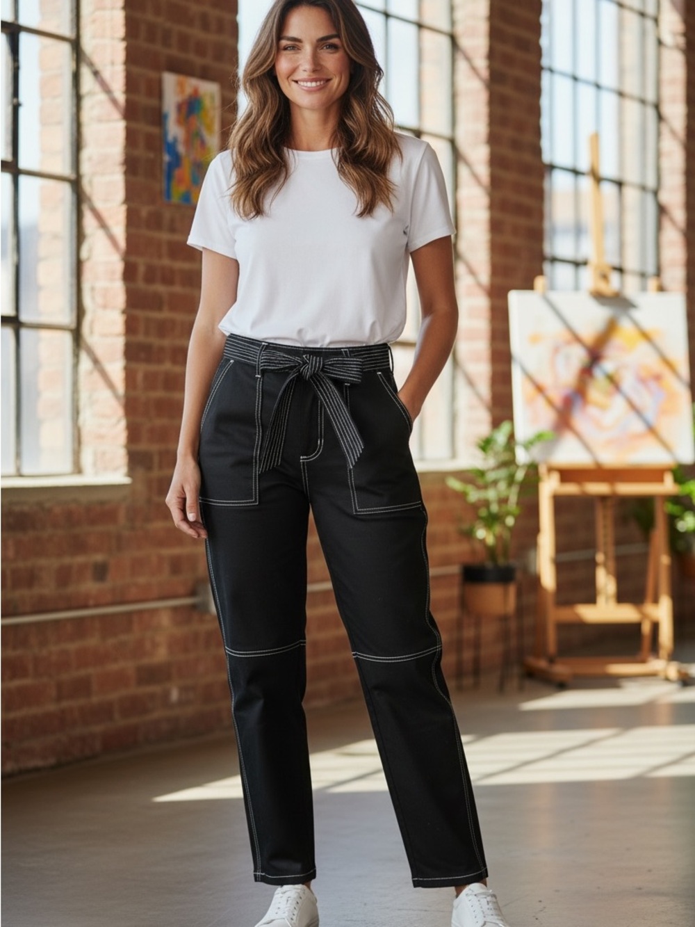 Rebacca Minkoff Rita High Waist Topstitch Utility Pants Black with White Stitch